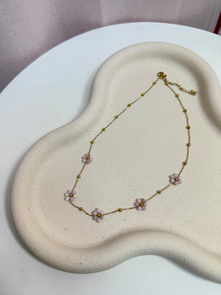 🌸 Colliers Douceur Florale en Quartz Rose ou Calcédoine Bleue