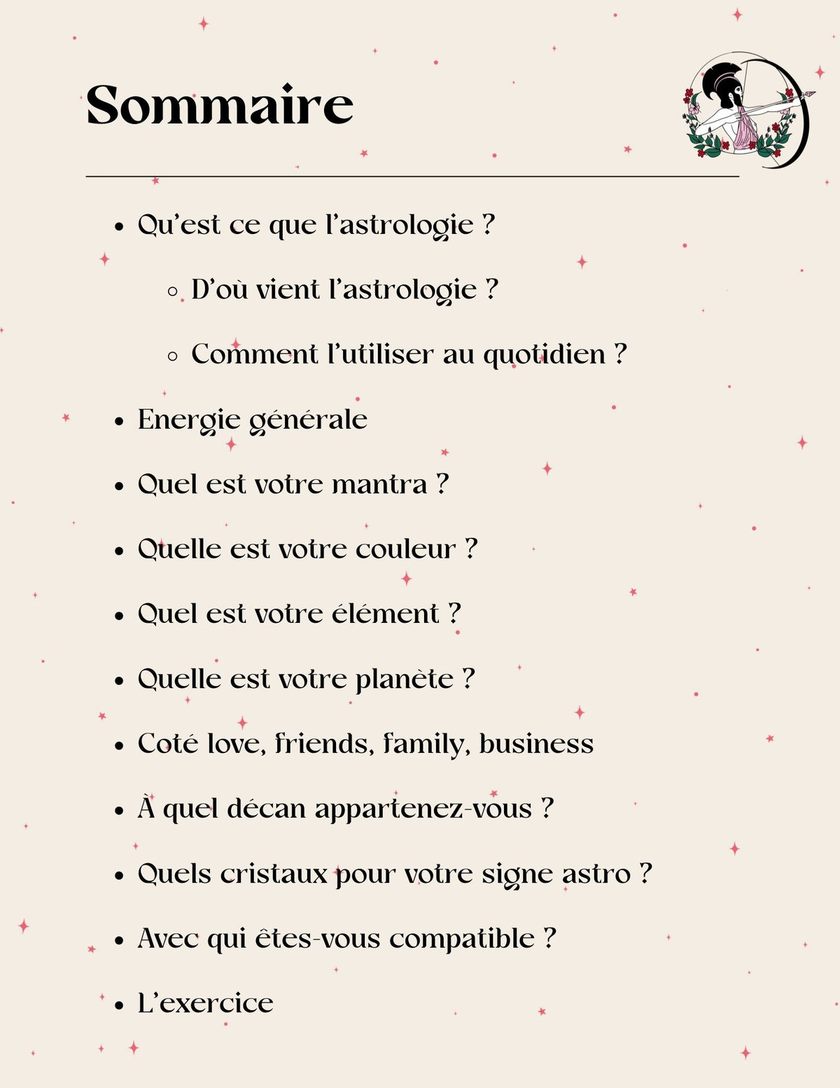 Sommaire de l'Ebook Guide de Survie du Sagittaire